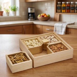 wooden dry fruit box with 4 compartments & glass lid